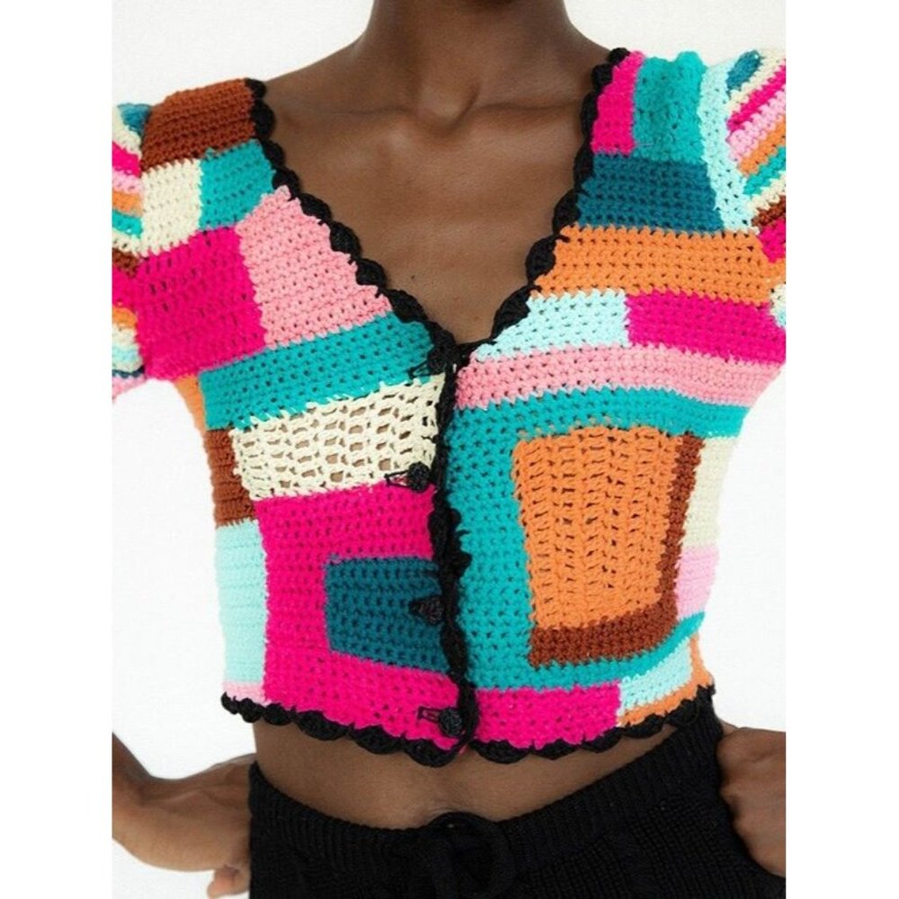 NWT $315 TACH TINI CROCHET MULTI COLORBLOCK STRIPE HAND KNIT CARDIAN  SIZE XS - Picture 2 of 16